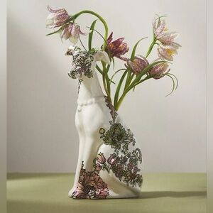 Anthropologie Floral Dog Vase - White and Pink